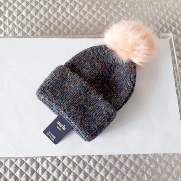 NWT Norla blue thread knit faux fur pom pom beanie - Picture 3 of 3